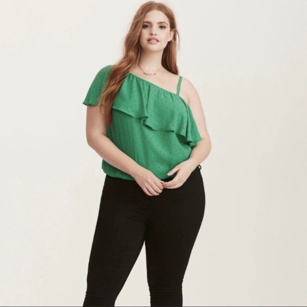 Torrid Green Flutter Sleeve One Shoulder Top Plus Size 1X Black Polka Dot Blouse